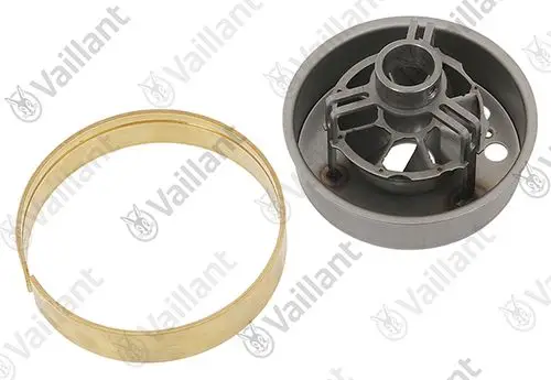 Vaillant Bauteile bestehend aus einem runden grauen Halter mit Innenteilen und einem goldfarbenen Ring, die zusammen eine Luftdüse für Heizsysteme bilden.